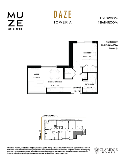 Floor plan for 1 bed, 1 bath, 569 sqft